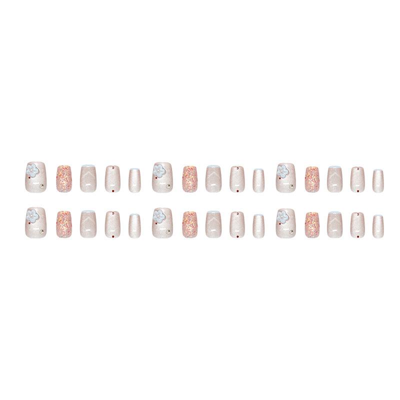 Light blue Qimeng three-dimensional French cat's eye sweet flower flash diamond wave dot ins wind removable manicure 30 pieces