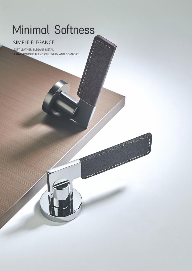 Luxury-sleek Leather Solid Metal Door Handle Safety Anti-collision Indoor Wooden Door Bathroom Set Mechanical Lock