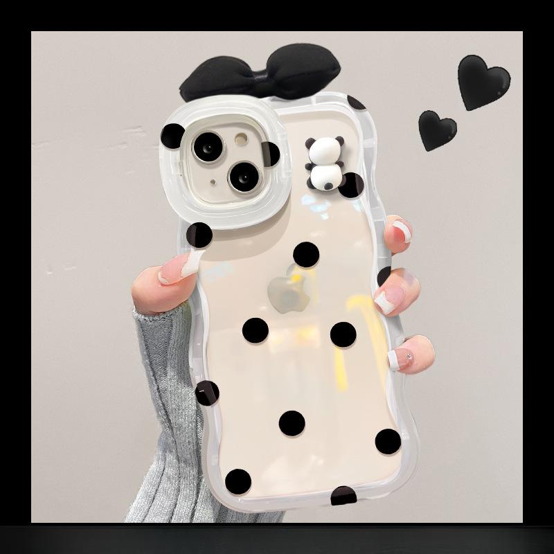 The Three-dimensional Panda Bow Is Suitable for IPhone 15, Phone Case 14PRO, Dual Stand 13, Cute and Shockproof 12, Wavy Edge X