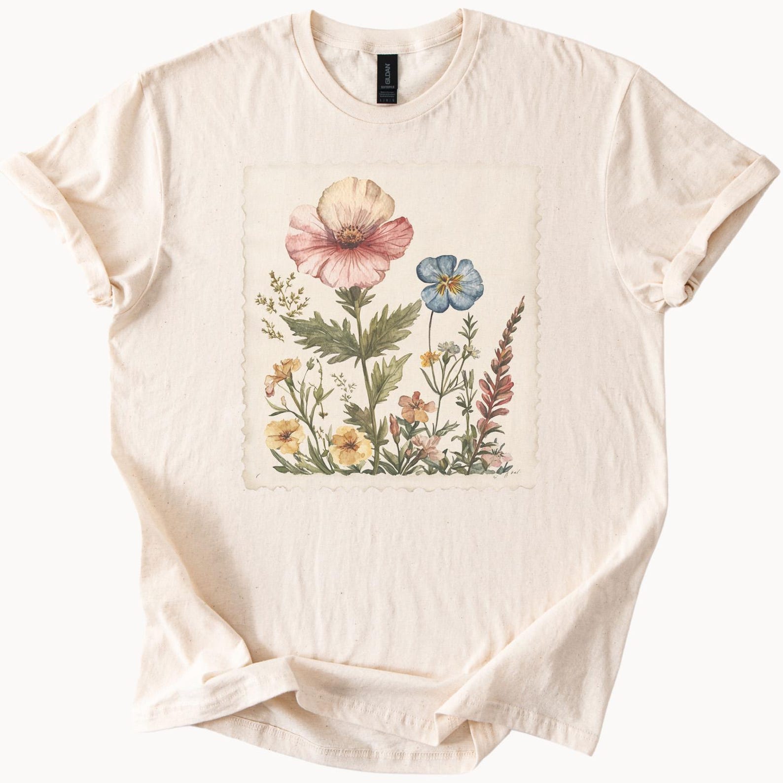 Wildflower Botanical Art Graphic Tee Floral Garden Illustration T Shirt Nature Lover Clothing Watercolor Floral Tee Shirt Gift Idea 100