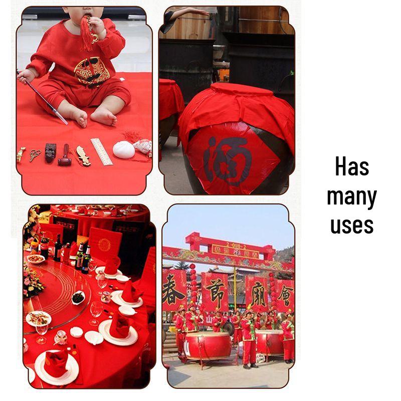 Red Cotton Fabric for Weddings and Celebrations: Buddha Offerings, Red Cloth Strips, Yellow Cloth, and Wine Jar Decorations.