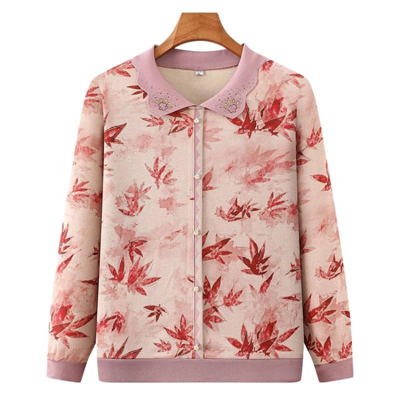 Elegant Floral Lapel Top for Middle-Aged Women - Long-Sleeved, Loose Knit, Pullover T-Shirt