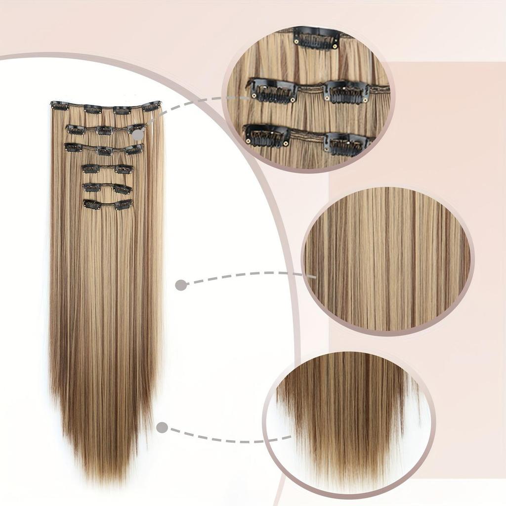 6PCS Clip in Hair Extensions 24" Straight Long Synthetic Hairpieces for Women Daily Party Halloween Black Brown