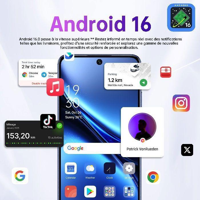 Refurbished - OUKITEL C26 Téléphone Portable, Android 16 16GO RAM+128GO ROM Smartphone 6,63"HD 5150mAh, Empreinte Digitale/Face ID/GPS,Violet