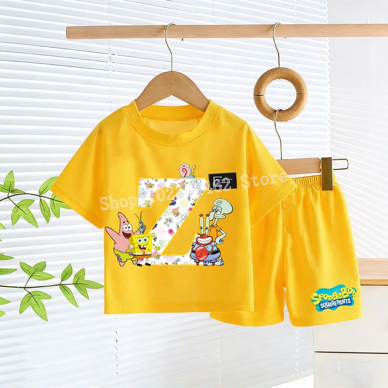 SpongeBobs T-shirt Shorts Set Kids Cute Letter A-Z Tees Pants Children Summer Outdoor Sports Short Sleeve Trousers Boy Girl Gift
