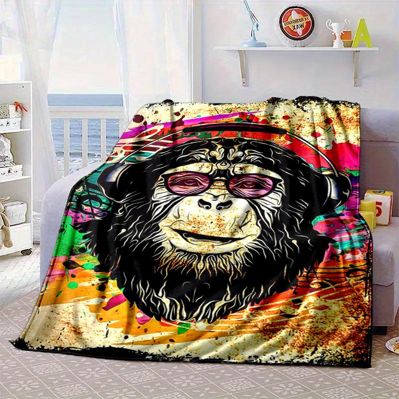 Monkey Music Headphones Blanket Flannel Blanket for bed, sofa, Camping, Hiking, Picnic Essentials, gift for family Fan gifts