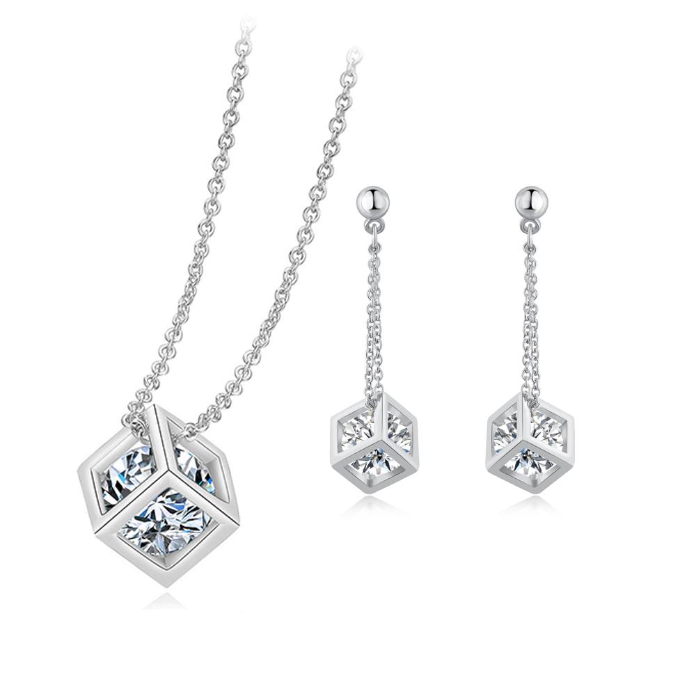 ZHOUYANG Top Quality ZYS059 Cube Silver Color Jewelry Necklace Earring Set Rhinestone Made with Austrian Crystal Health