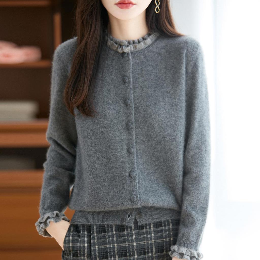 Women's Stylish Color Block Lace Knit Cardigan Sweater with Wood Ear Details and Button Closure for Fall and Winter