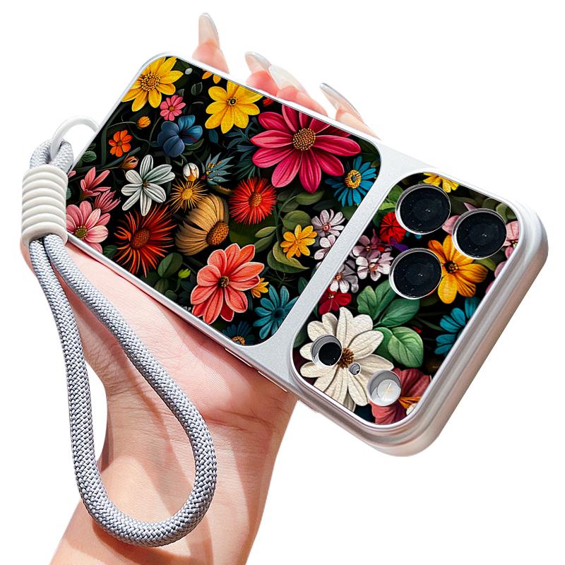 Colorful Flowers Pattern Leather Lanyard Case For iPhone 18 Pro Max 17 16 15 14 13 Pro Max Luxury Hybrid TPU+PU Anti-skid Soft Phone Cover