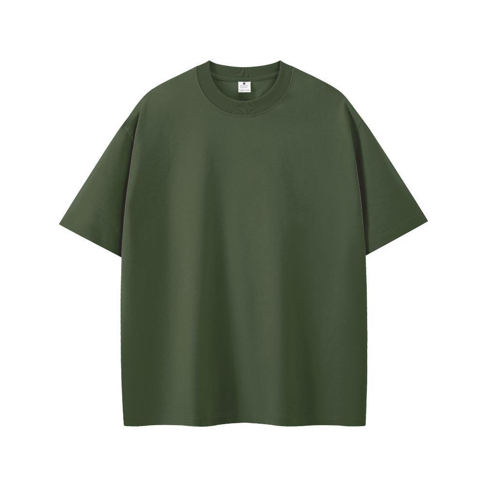 Men's Oversized Round Neck Logo T-Shirt - Solid Color, Drop Shoulder, Pure Cotton, European Size 200g