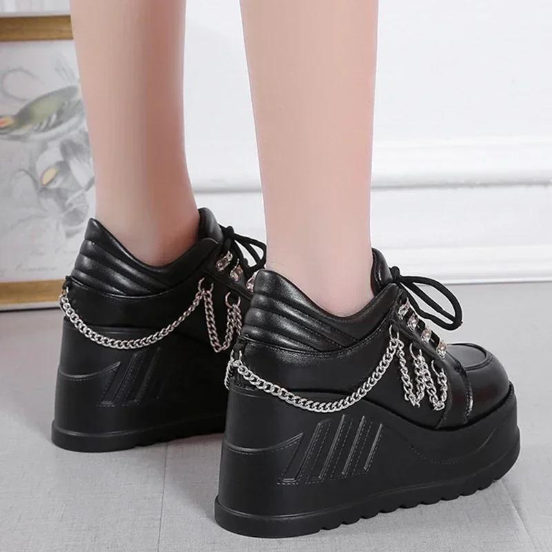 Fashion Metal Chain Punk Gothic Shoes Woman Thick Bottom High Wedge Sneakers for Women Black Chunky Platform Shoe Zapatillas De Mujer
