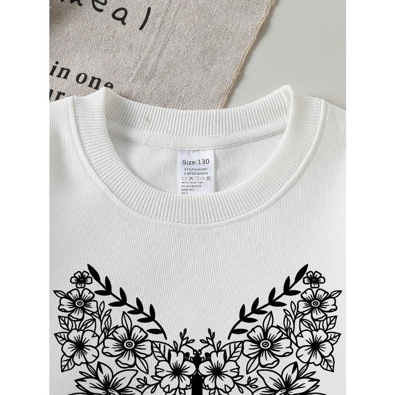 European sizes Girls Crew Neck Sweatshirt Floral Butterfly Pattern Design, Soft Cozy Pullover, Warm Casual for Autumn Winter.