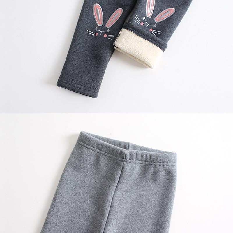 Girls' Winter Fleece-Lined Cotton Leggings with Rabbit Embroidery