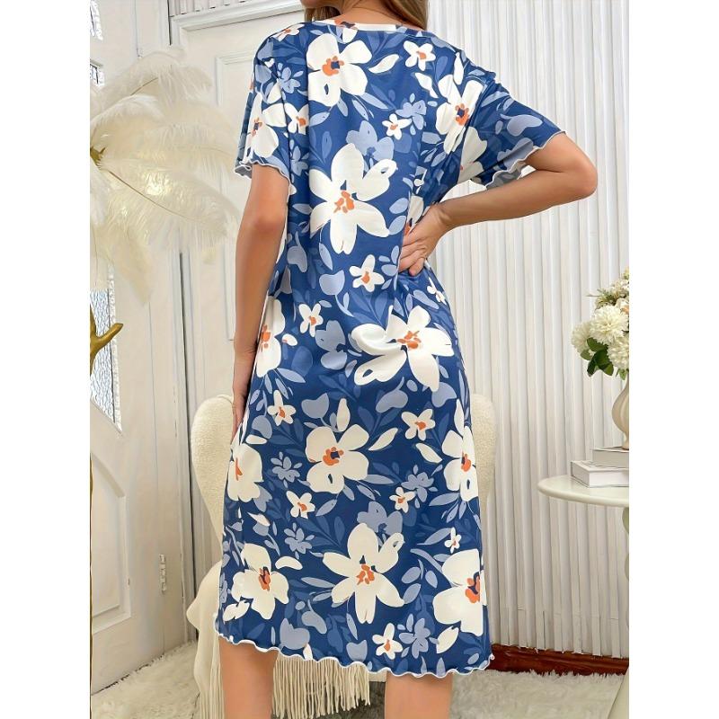 Velká velikost, Kulatý výstřih, Krátký rukáv, Modrý květ meruňky, Domácí oblečení, Noční košile, Šaty, Ležérní, Dámské oblečení s potiskem