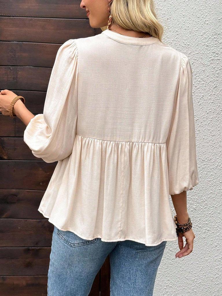 Women's V-Neck Waist-Cinching Puff Sleeve Shirt with Skirt-Style Hem and Stand-Up Collar