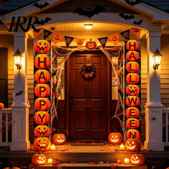 Party Hanging Decoration Halloween Porch Sign Banner, Pumpkin Ghost Awning Wall Decorative Accessory Door Decoration, Front Wreath Banner Yard Festive