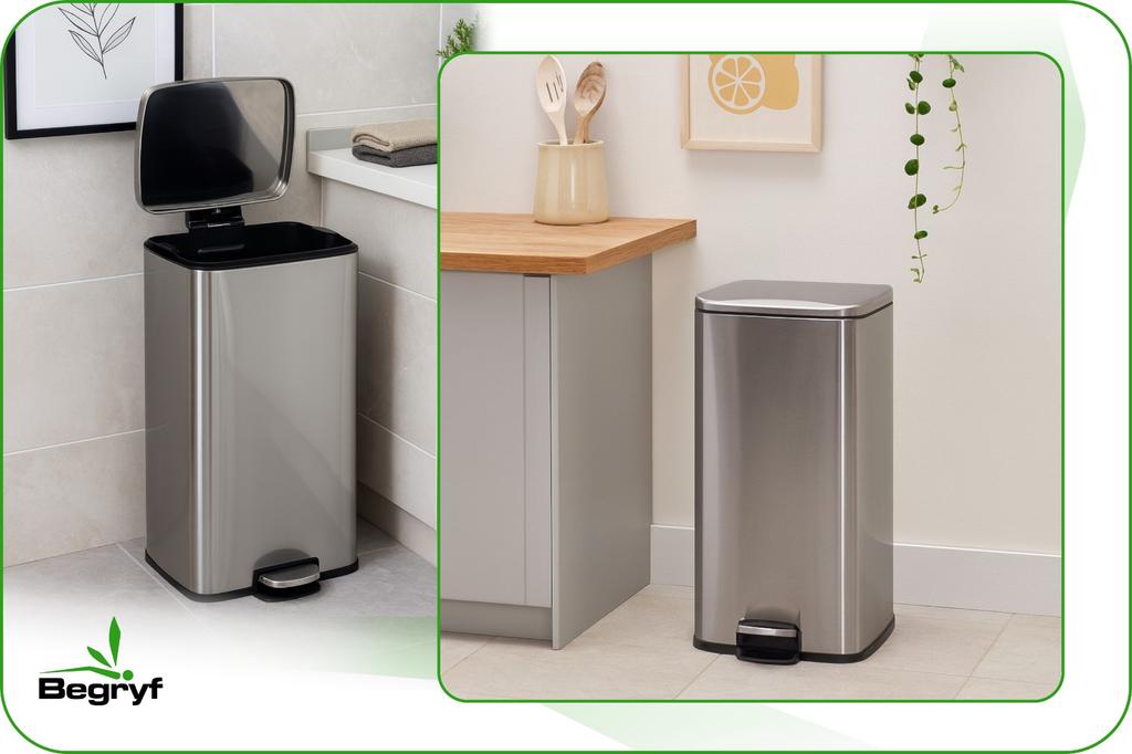 Kosz Na Śmieci Metalowy Nowoczesny Kuchenny Z Pokrywą Inox 35L 61X34X24 Cm | Begryf