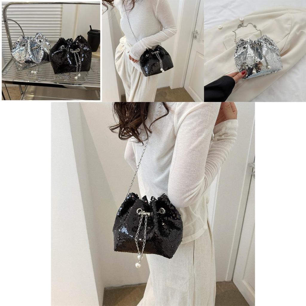 Chic Sequin Bucket Bag With Chain Strap 2023 Summer New Women's Street Style Shoulder Bag Crossbody Bag