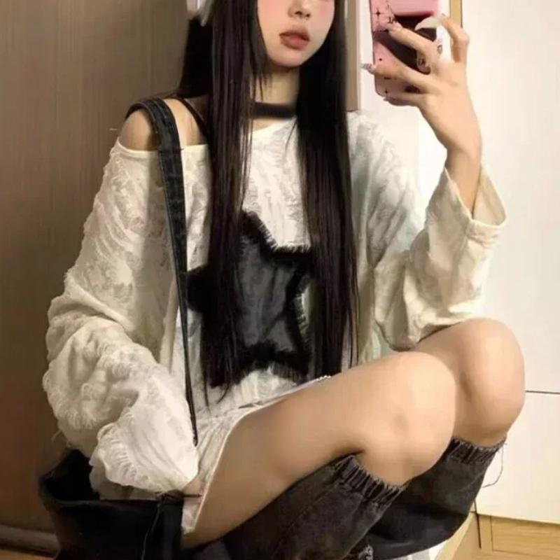 T-shirt con foro Grunge T-shirt moda donna Star Stampa Y2k T-shirt allentate estetiche Kpop Fairycore Maglietta strappata Harajuku Gothic Streetwear