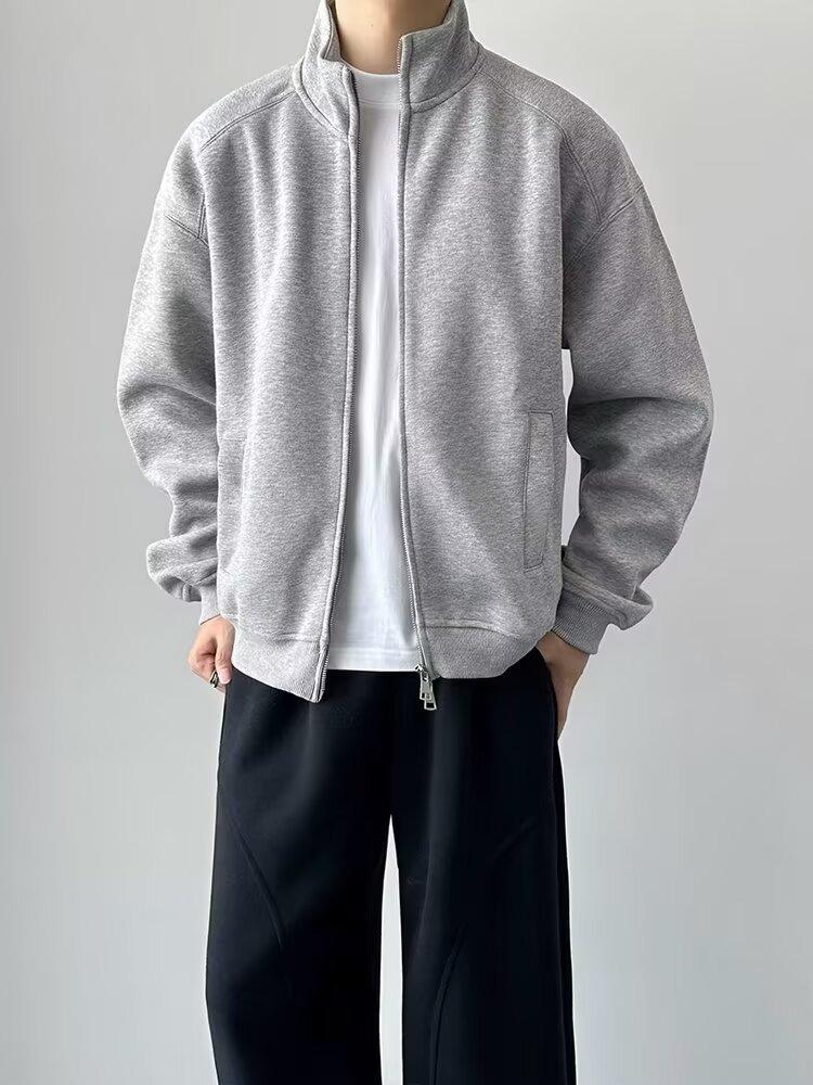 Men's Double Zipper Stand-up Collar Cardigan Hoodie - 2025 Casual Solid Color Outerwear for Spring & Autumn