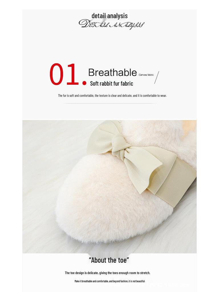 2025 Damen Winter Schleife Kaninchenfell Schuhe: Samtgefütterte Baumwoll-Bohnenschuhe mit dicker Sohle