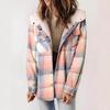Women's Blue White Plaid Shirt Jacket with Pink Faux Fur Collar