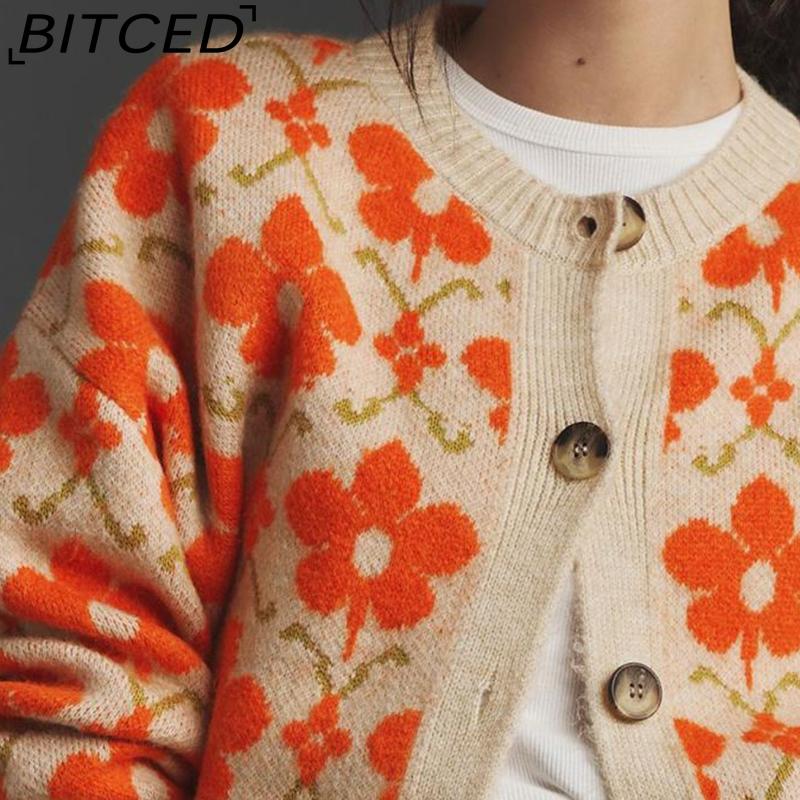 BITCED Floral Jacquard Autumn/Winter Women's Sweater Elegant Button-Front Long-Sleeved Knitted Cardigan