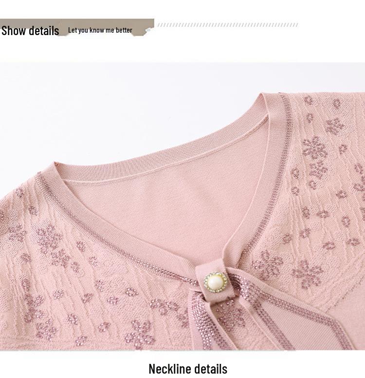 Spring V-neck Knit Top with Gauze Sleeves for Middle-aged and Elderly Women, Long-sleeved, Stylish, Age-Reducing Base Layer Set