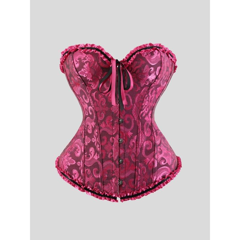 

Sexy Corsets Bustiers Floral Lace Tops for Women Flower Print Vintage Corset Gothic Satin Lingerie Corselet Overbust Boned XXL темно-рожевого кольору