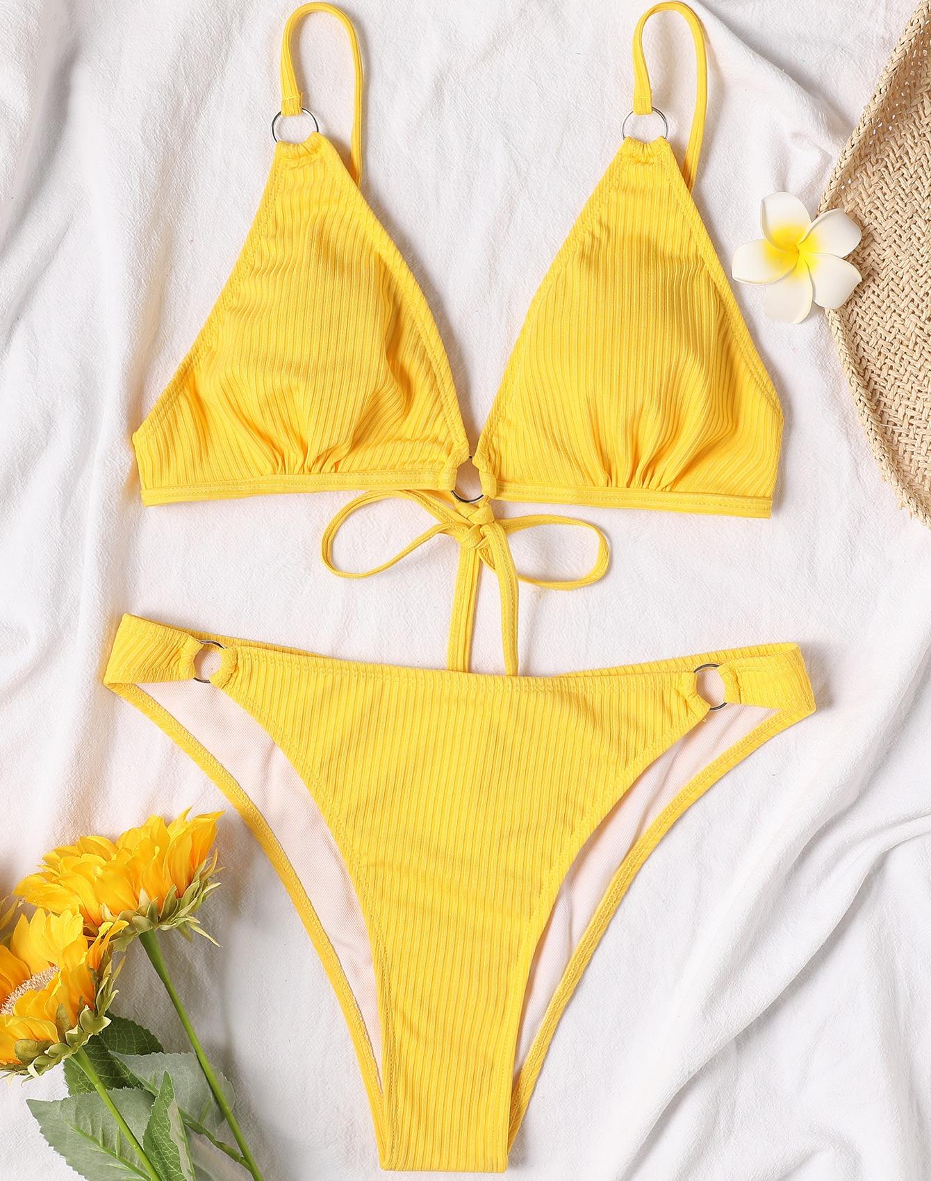 

Женский купальник, однотонный купальник с треугольными чашечками и V-образным вырезом, сексуальный бикини с завязками на спине, пляжная одежда, купальные костюмы M жёлтый