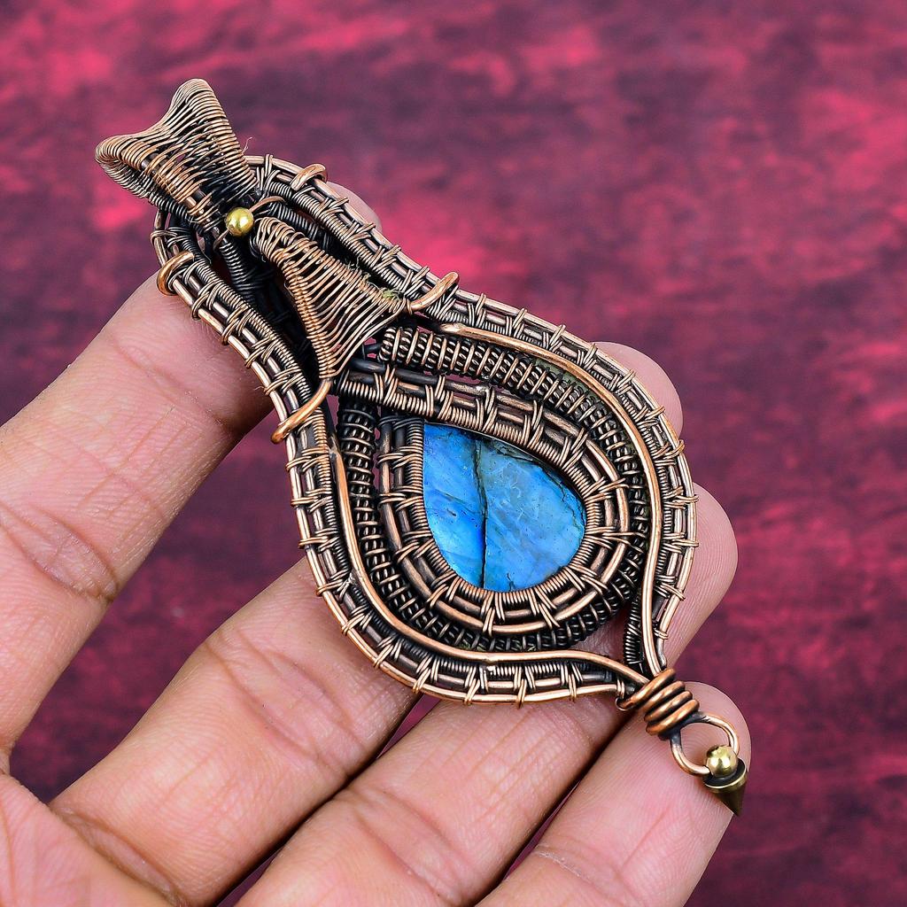 Labradorite Gemstone Pendant Copper Wire Wrapped Pendant Handmade Antique Jewelry