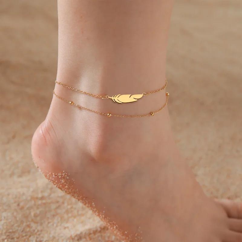 New Simple Feather Stainless Steel Double Layer Bead Chain Ankle Anklets For Women Men Metal Anklet Beach Jewelry Accessories