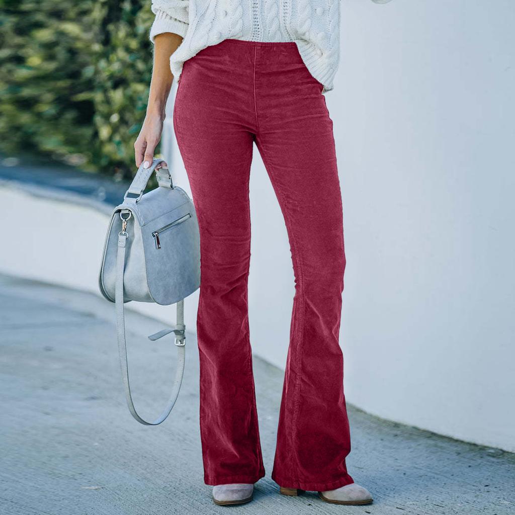 Women's  Color High Waisted Slim Fit Micro Flared Pants With Corduroy Elastic Waist Casual Pants