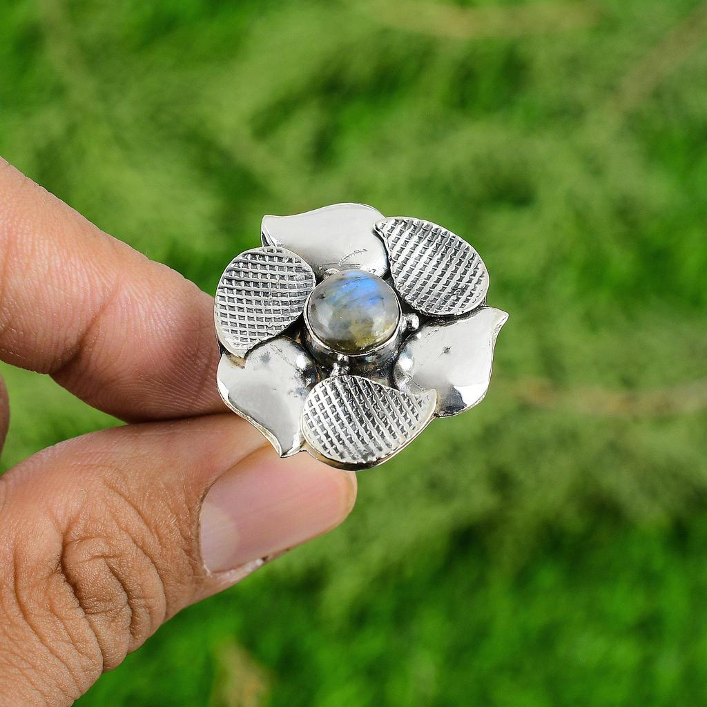 925 Sterling Silver Round Natural Labradorite Multi Stone Statement Flower Ring