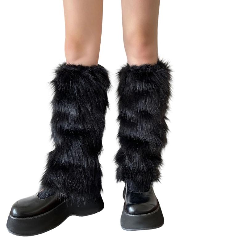 Soft Faux Furs Leg Sleeves Winter Leg Warmers Elastic Thermal Protective Boot Covers Footless Socks For Women Hosiery