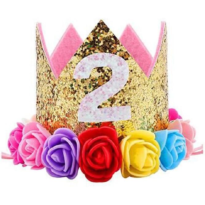 Baby Princess Glitter Gold Crown, 2st Birthday Party Hat Gold with Mix Rainbow Color Flowers