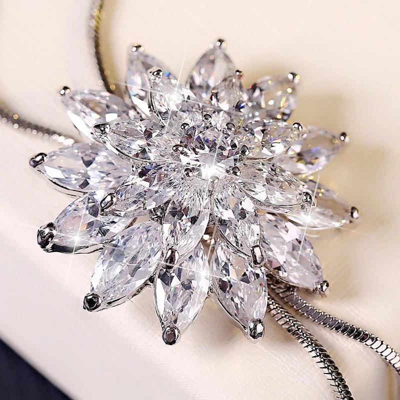 Snowflake Zircon Long Chain for Women Fashion Silver Color Crystal Maxi Necklaces & Pendants Statement Collier Jewelry