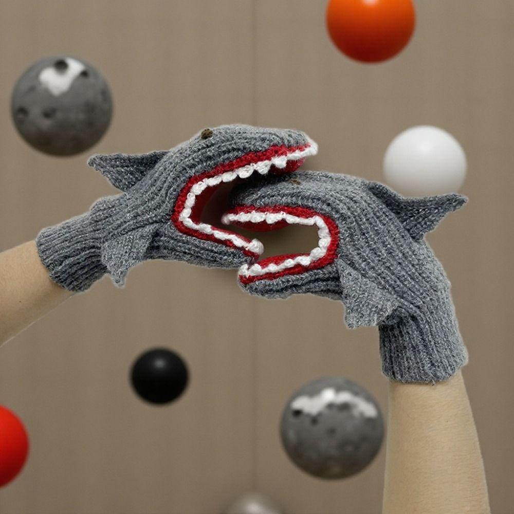Funny Soft Thick Shark Knitted Gloves High Elasticity Cold Resistance Warm Gloves Cartoon Full Finger Gloves Unisex