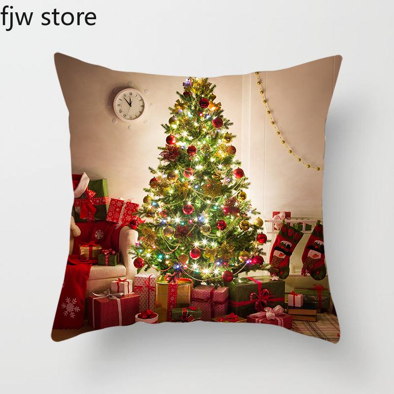 Christmas Decor Pillow Cover  Tree Gift Fireplace Print Throw   New Year Home  Sofa Cushion