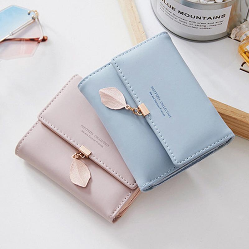 Women Wallets Leaf Pendant Fresh Style Multi-Card Short Wallet, Card Holder, Leather Clip, Coin Purse