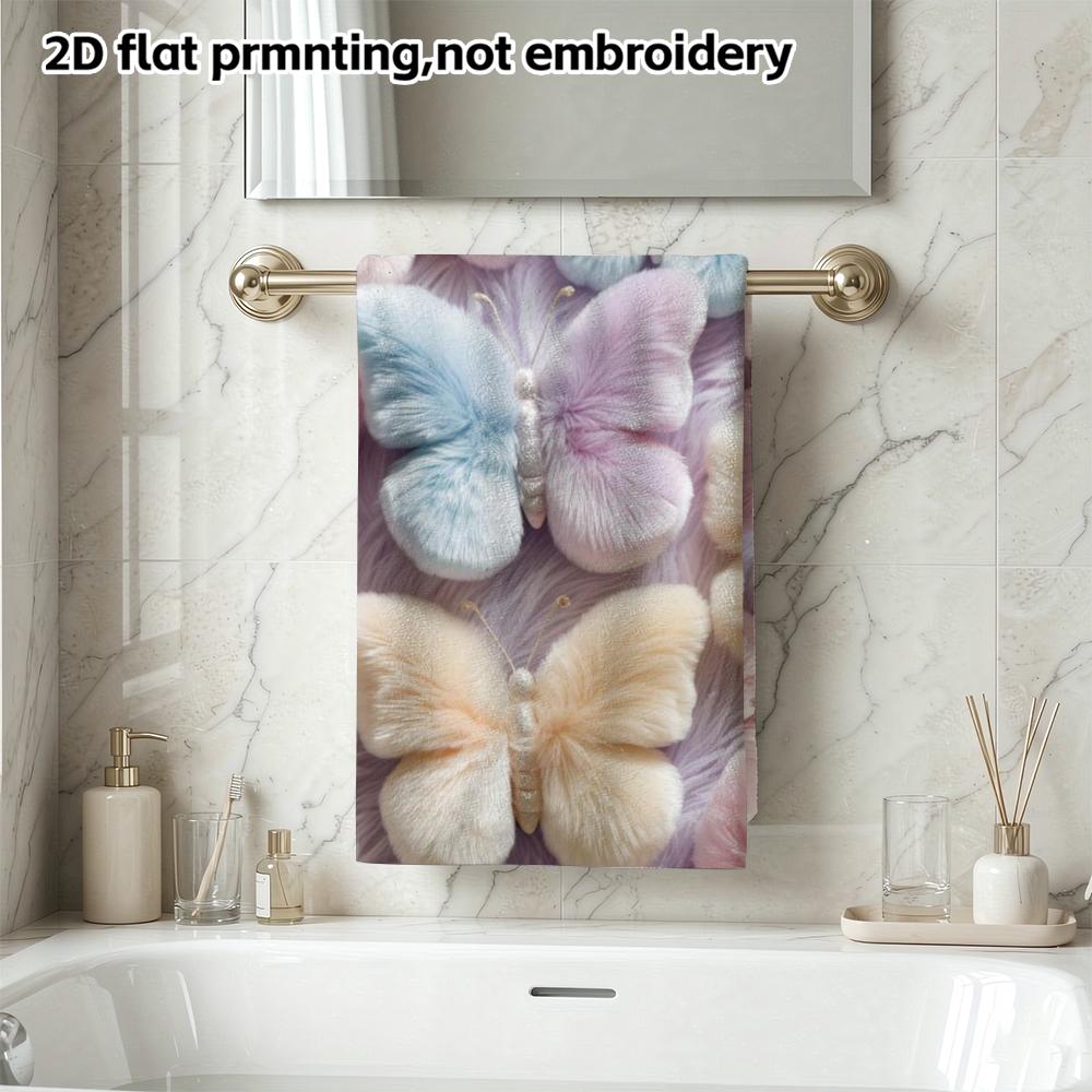 Fluffy Absorbent Shower Towel, Pastel Furry Butterfly Pattern, Sweet Decorative Face Towel