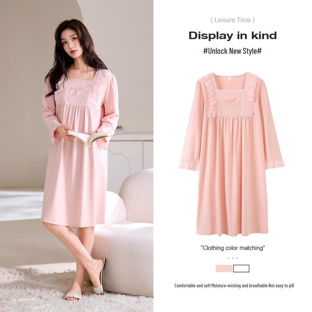 Dámská lehká modální bavlněná noční košile střední délky, nadměrná velikost, na jaro a podzim.