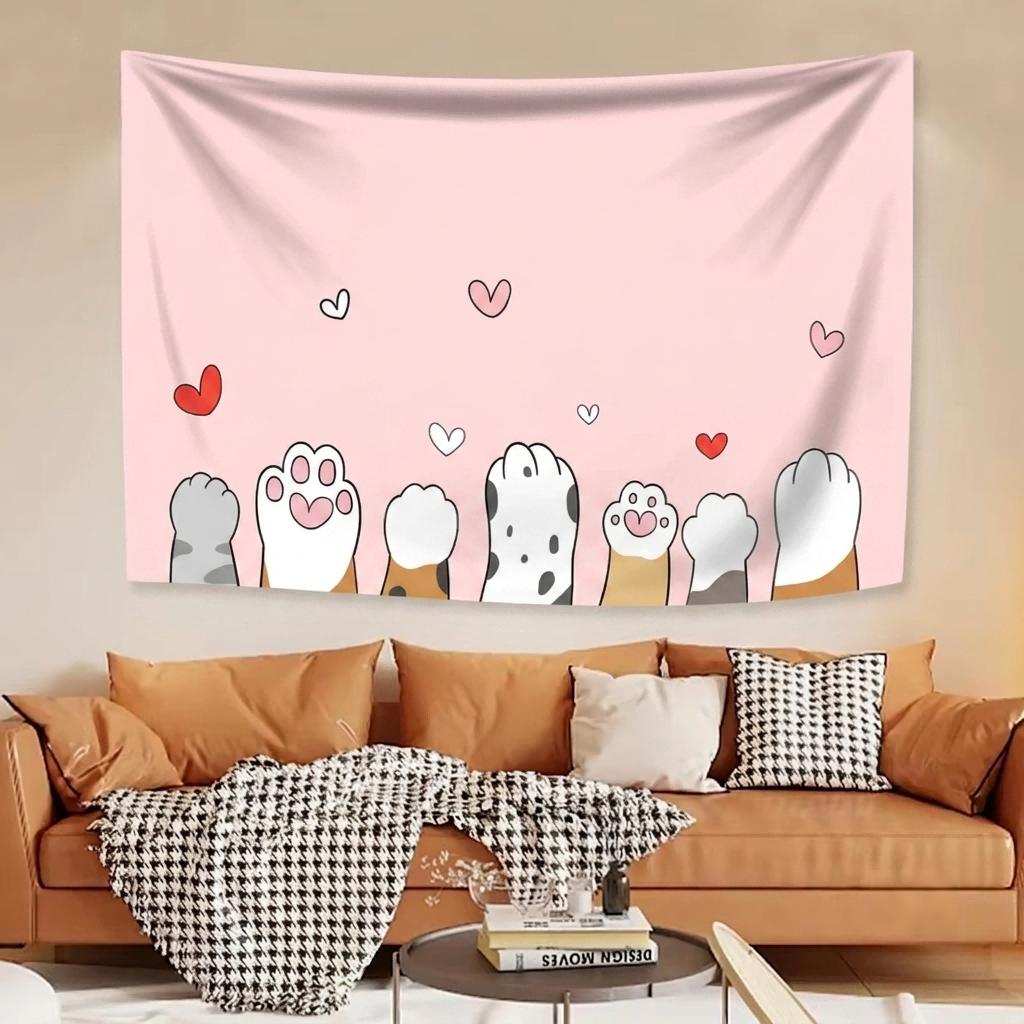 1pc Cute Cat Paws Hearts Tapestry Pink Background Footprint Print Wall Hanging Kawaii Aesthetic Decor For Cat Lovers Girls Bedro 100X70CM