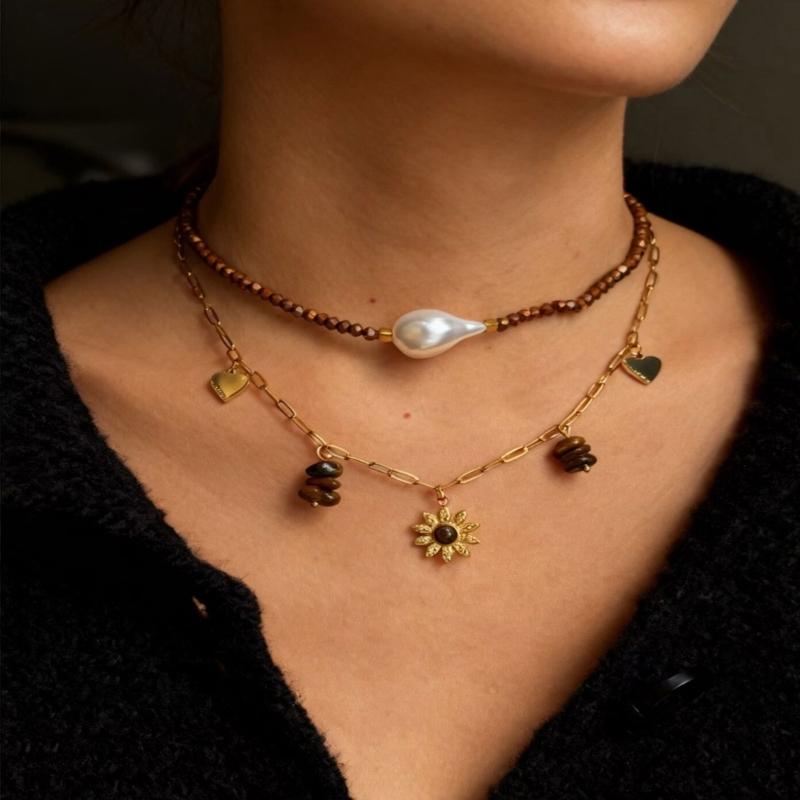 Pack of 2 Chic Stackable Flower Necklaces with Stainless Steel Chain and Simulated Pearls for Fashionable Look