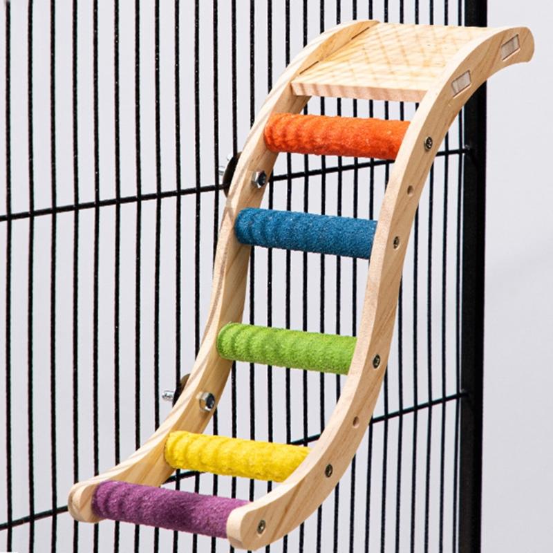 Parrot Colorful Ladder Bird Toy Cockatiel Wood Perch Gym Playground Ladder with Non-slip Quartz-Sand Paw Grinding Toy
