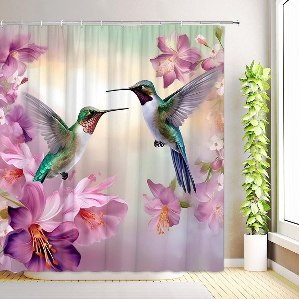 Tropical Birds Floral Shower Curtains Parrot Toucan Green Leaves Plants Flowers Nature Jungle Scenery Bathroom Decor with Hooks