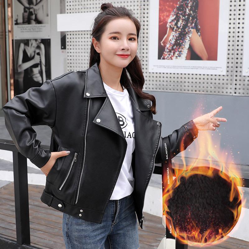 Autumn and Winter Leather Jacket New Style Women's Velvet Thickened Loose Korean Style Jacket Fashionable Motorcycle Short Jacket