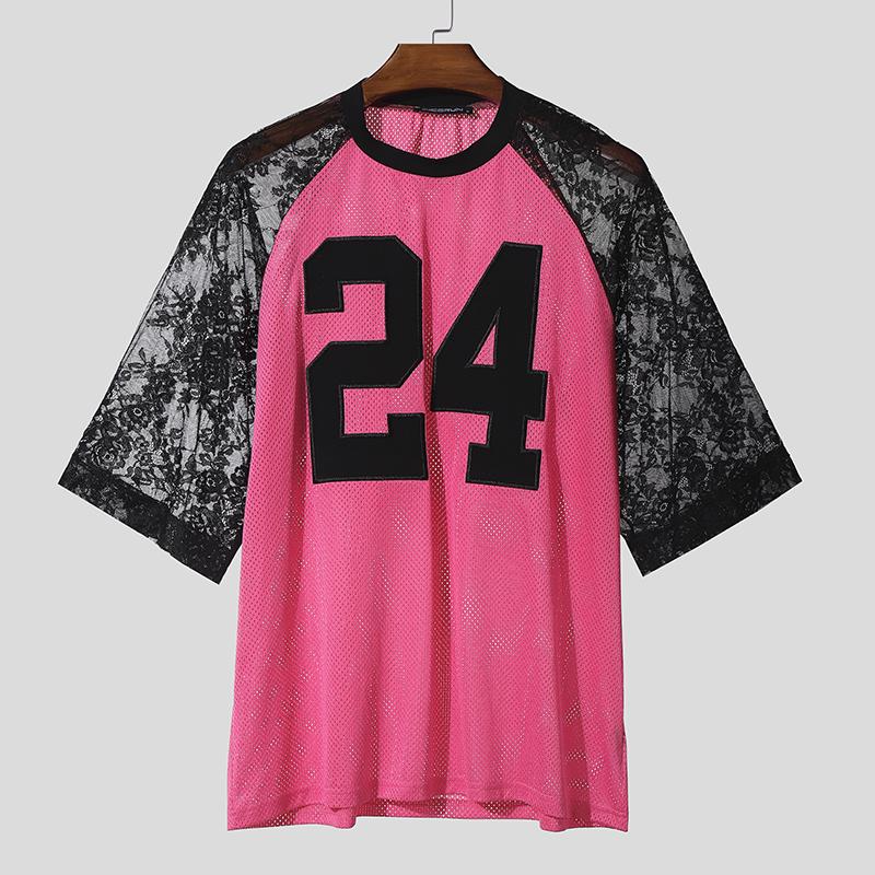 INCERUN Men Lace Patchwork Short Sleeve Letter Print Hollow Out Casual T-shirts Tops