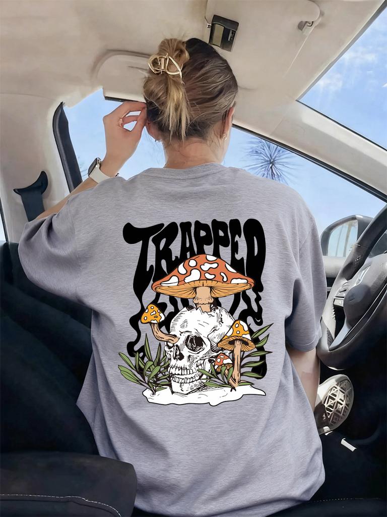 Mushrooms Grown Inside The Skull Printing TShirt Womens Basics Comfortable T Shirts Soft ONeck Tops Summer Loose Woman Clothes