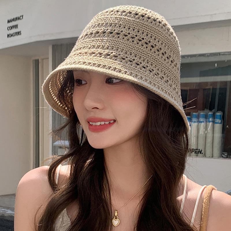 Summer Essential Striped Basin Hat with Knitted Hollow Out Design Foldable for Beach Sunshade